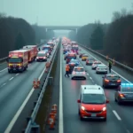 Scène d'accident sur l'autoroute A31 avec véhicules de secours et bouchon de circulation