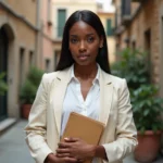 Jeune actrice noire montante en blazer crème tenant un script devant une cour en pierre, portrait éditorial inspirant son parcours artistique