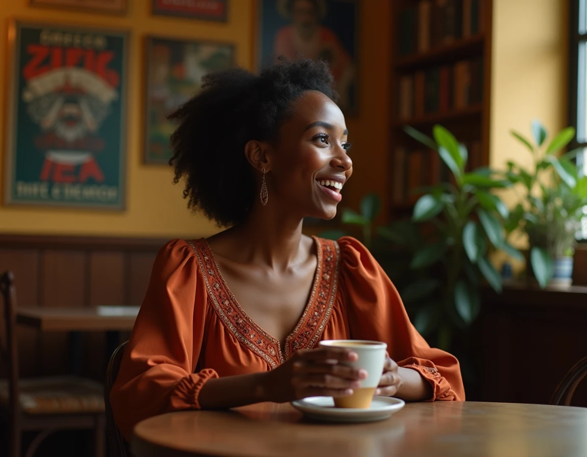 Actrice africaine aux origines fascinantes attablée dans un café vintage entouré de livres, exprimant son histoire avec authenticité