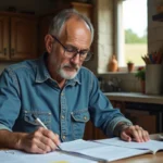 Agriculteur consultant ses documents de déclaration de revenus de fermage à la table de sa ferme