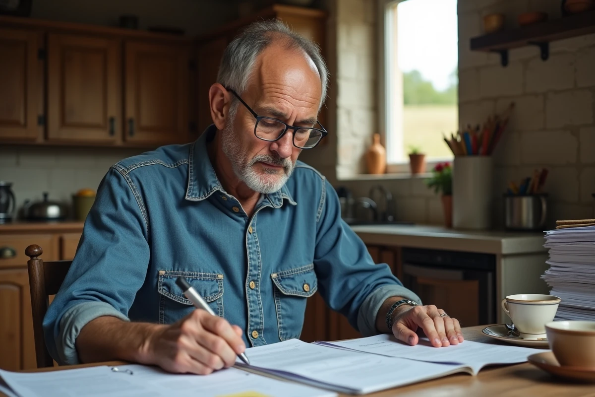Agriculteur consultant ses documents de déclaration de revenus de fermage à la table de sa ferme