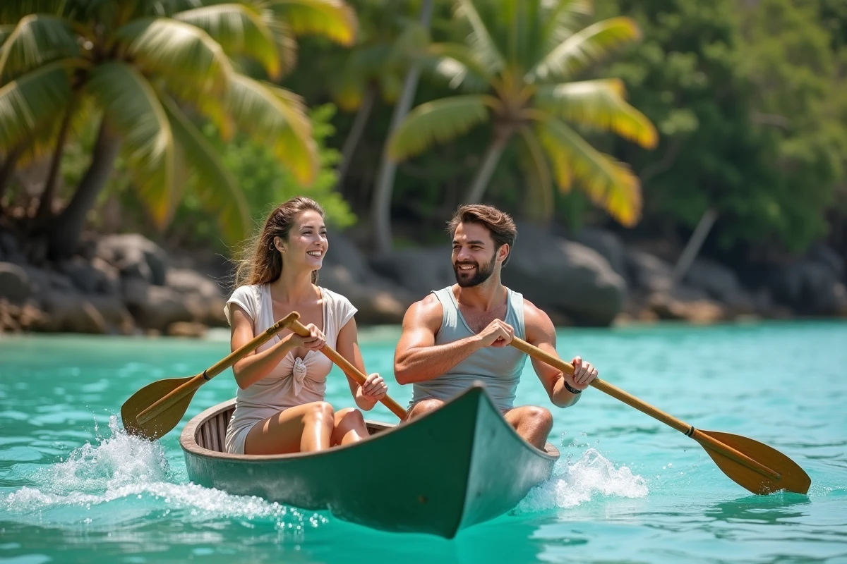 Amis paddlant un canoë dans une eau turquoise tropicale