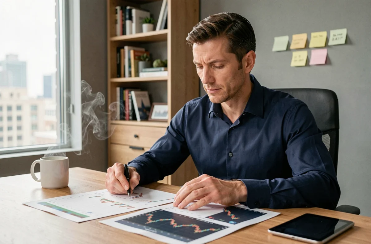 Homme analysant des graphiques boursiers sur tablette et documents papier dans un bureau à domicile moderne