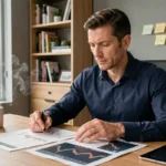 Homme analysant des graphiques boursiers sur tablette et documents papier dans un bureau à domicile moderne