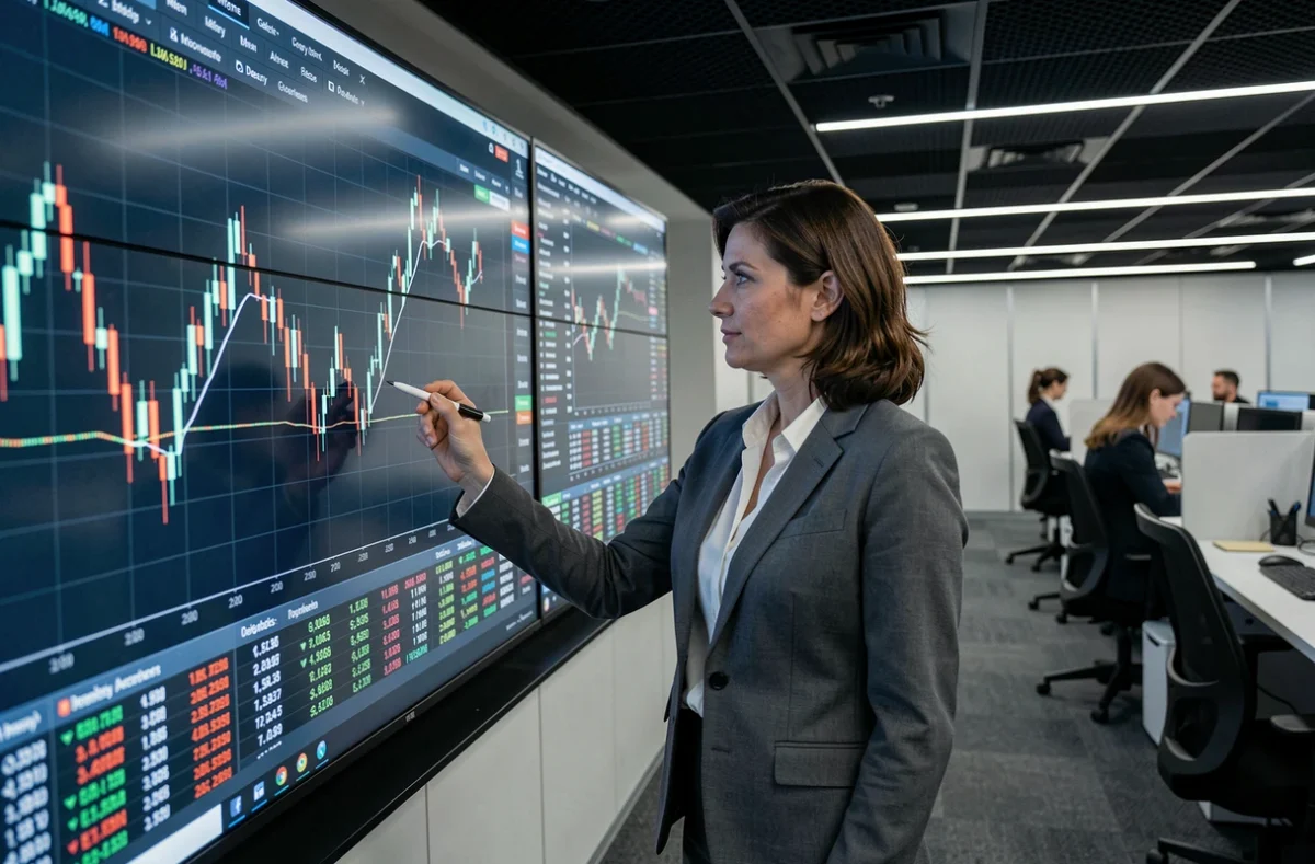 Femme analyste financière pointant des données boursières en temps réel dans une salle de trading professionnelle