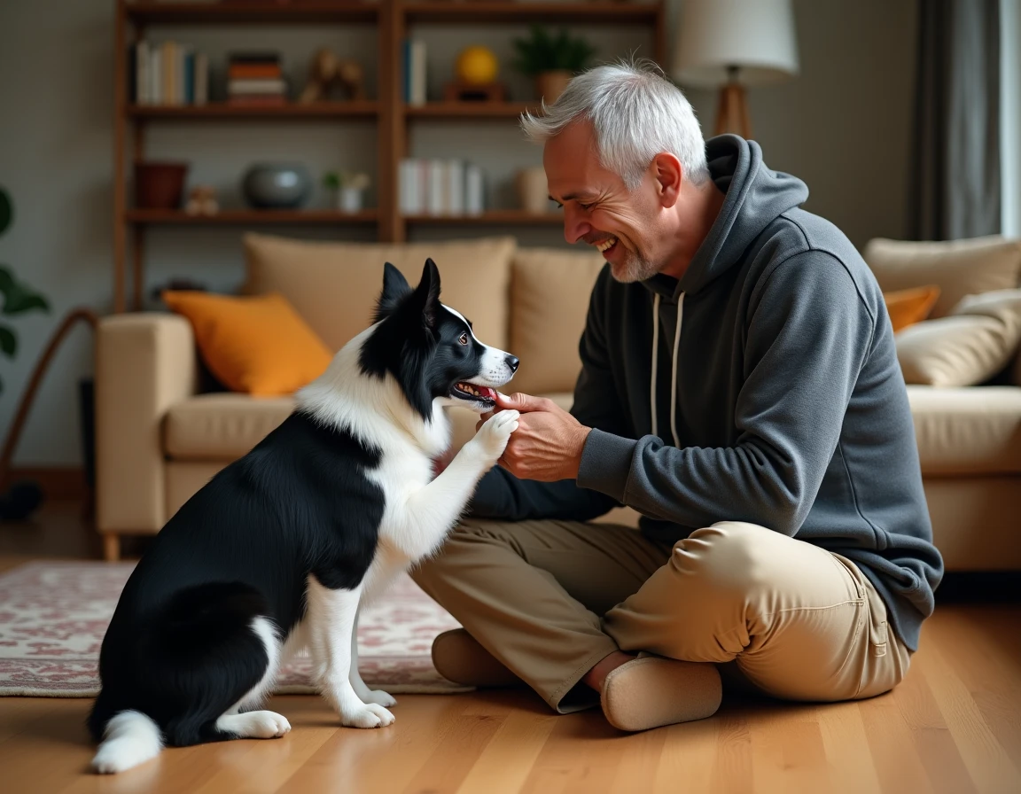 Homme apprenant la commande de la patte à son border collie dans un salon confortable