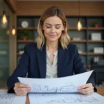 Femme en blazer bleu examinant des plans dans un bureau moderne