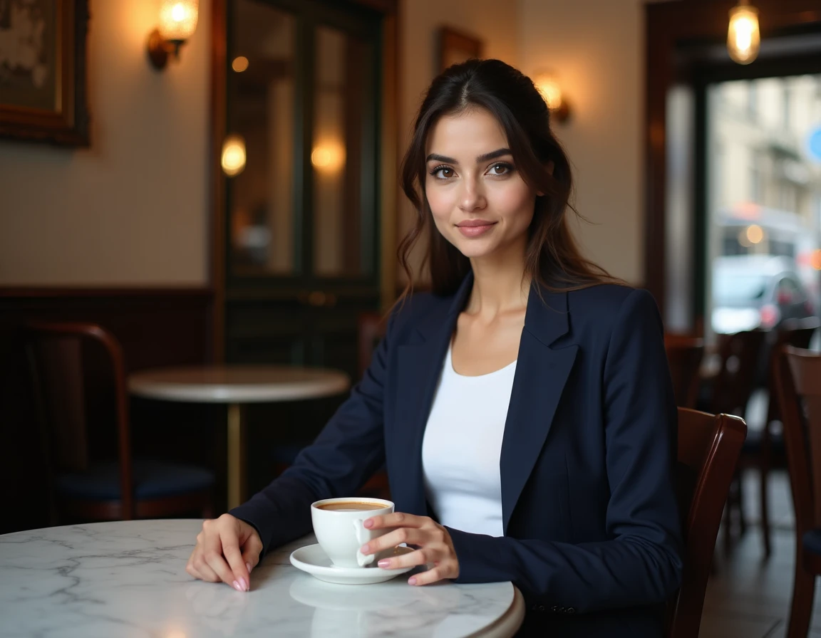 Portrait de Betul Yilmazturk attablée dans une brasserie parisienne élégante, portant un blazer marine et tenant une tasse d'espresso avec un regard expressif