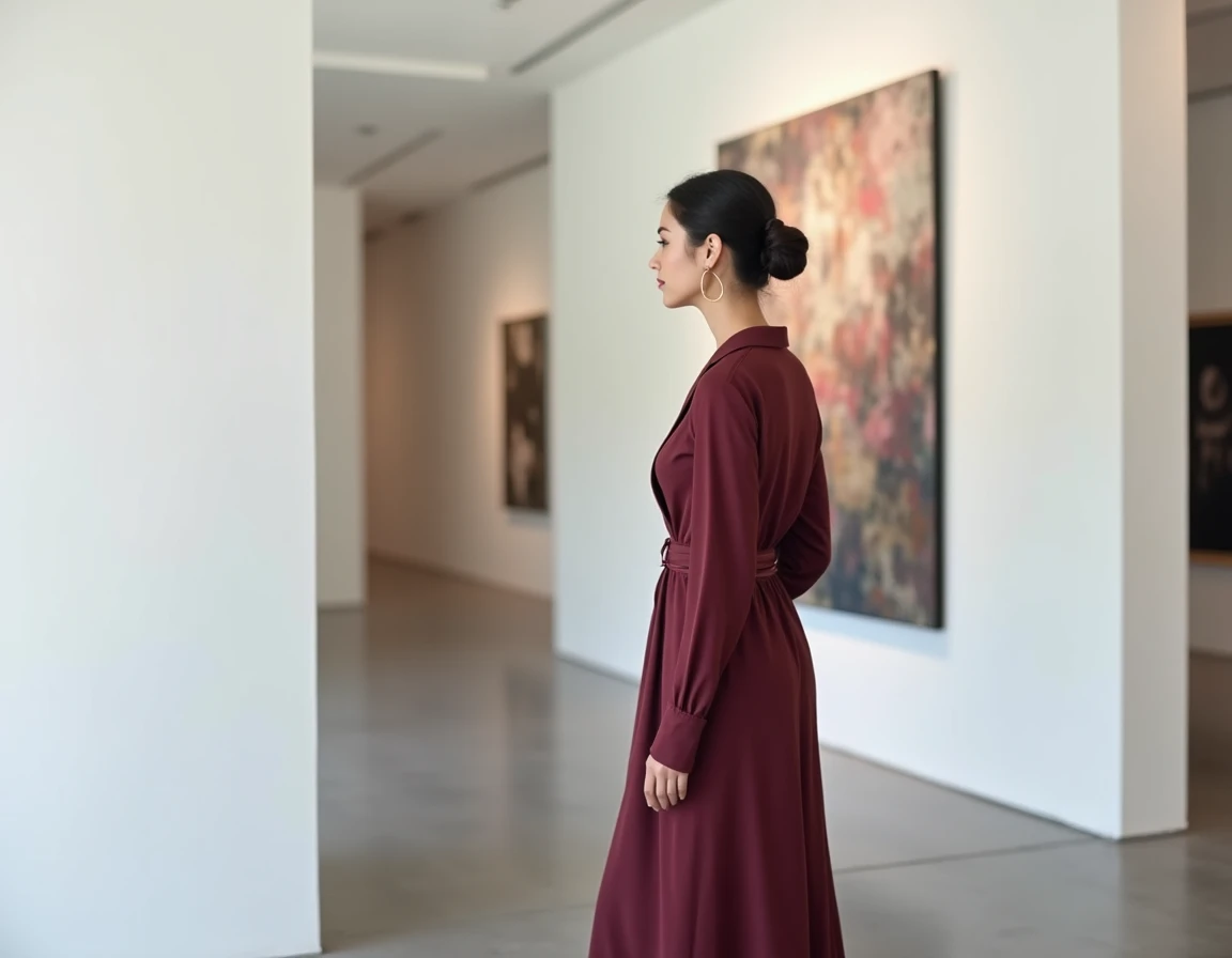 Betul Yilmazturk en robe bordeaux dans une galerie d'art contemporaine parisienne, contemplant une œuvre abstraite dans un espace épuré et moderne