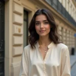 Betul Yilmazturk, élue plus belle femme de France, posant devant une façade parisienne haussmannienne avec une blouse en soie crème et un sourire confiant