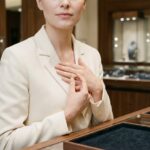 Femme élégante examinant une bague solitaire en or dans une bijouterie de luxe