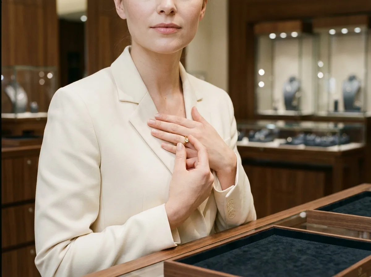 Femme élégante examinant une bague solitaire en or dans une bijouterie de luxe