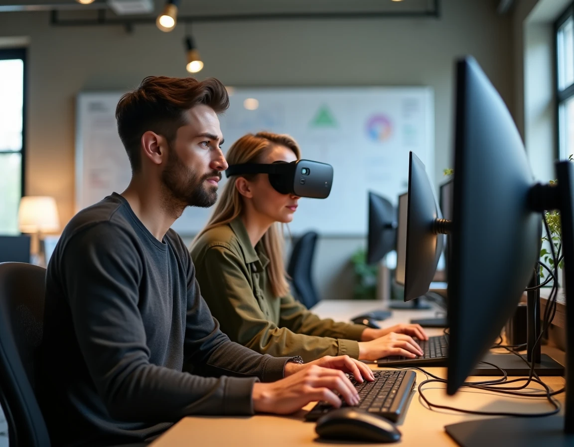 Deux collègues travaillent ensemble sur un poste de travail high-tech avec un casque de réalité augmentée dans un bureau de startup moderne en 2024