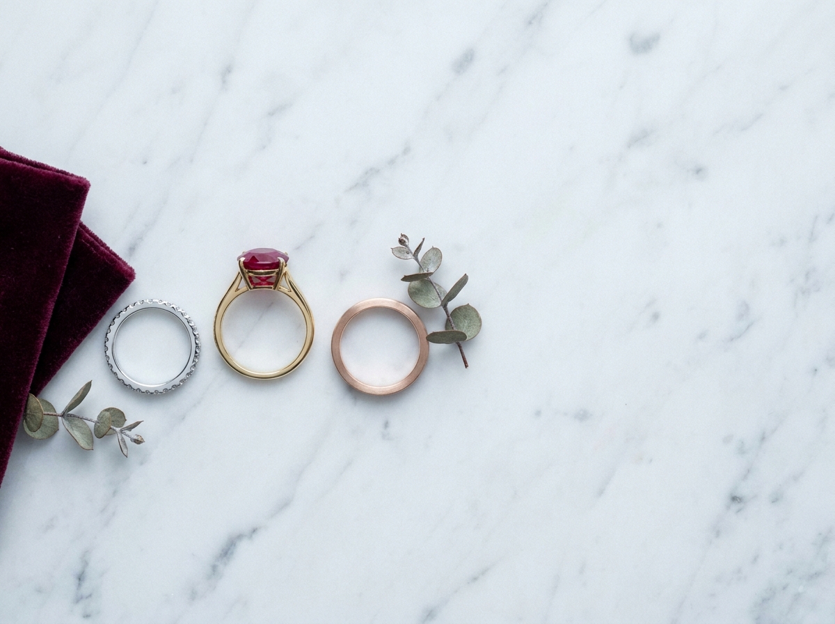 Trois bagues de luxe en or et platine disposées sur du marbre blanc pour comparer les styles