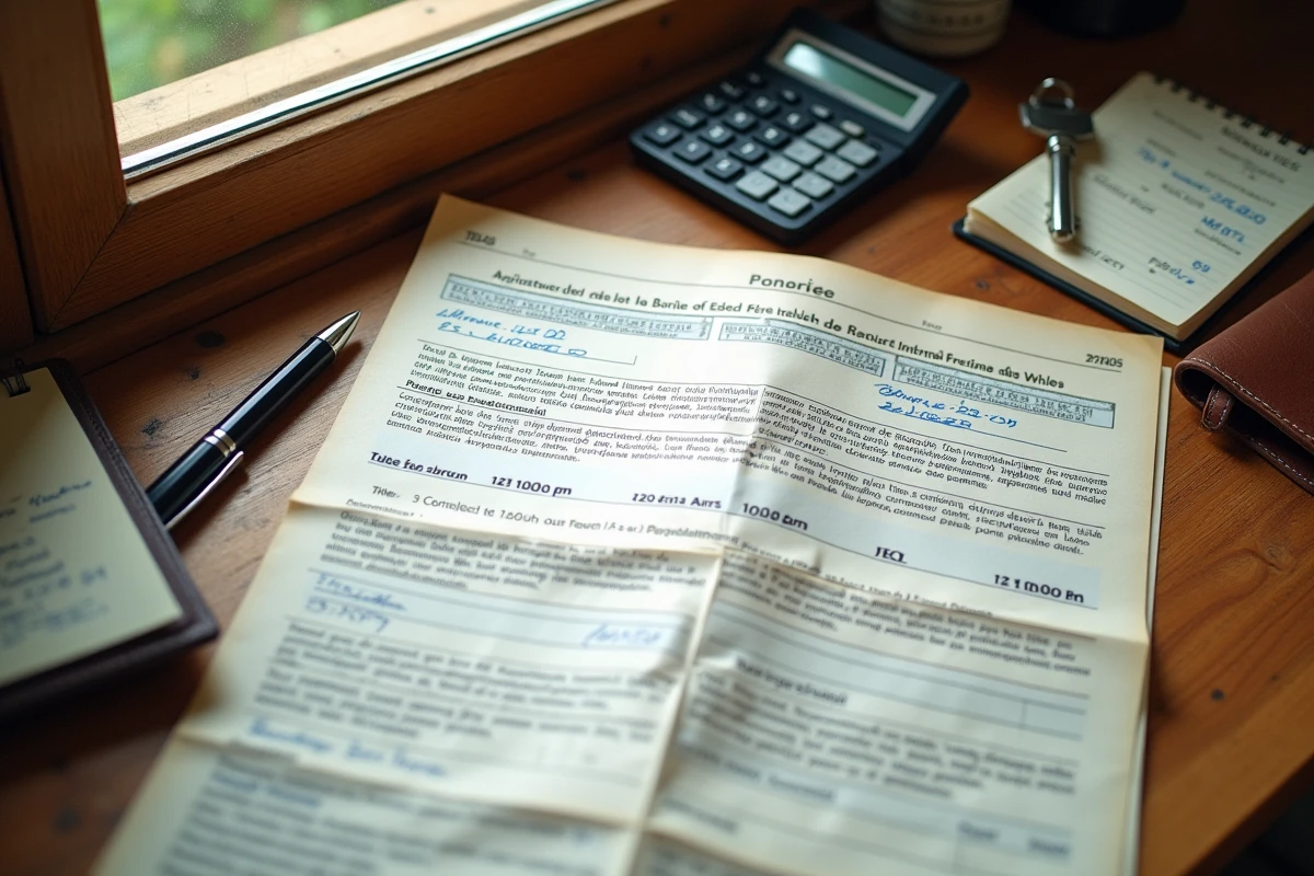 Vue aérienne d'un contrat de fermage et formulaires fiscaux pour la déclaration de revenus agricoles