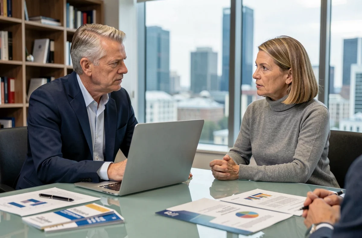 Couple de retraités en réunion avec un conseiller financier dans un bureau moderne pour préparer leur retraite