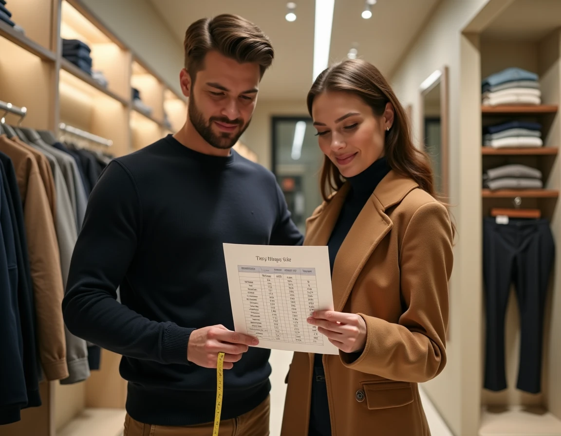 Couple consultant un guide des tailles The Kooples dans la cabine d'essayage d'une boutique
