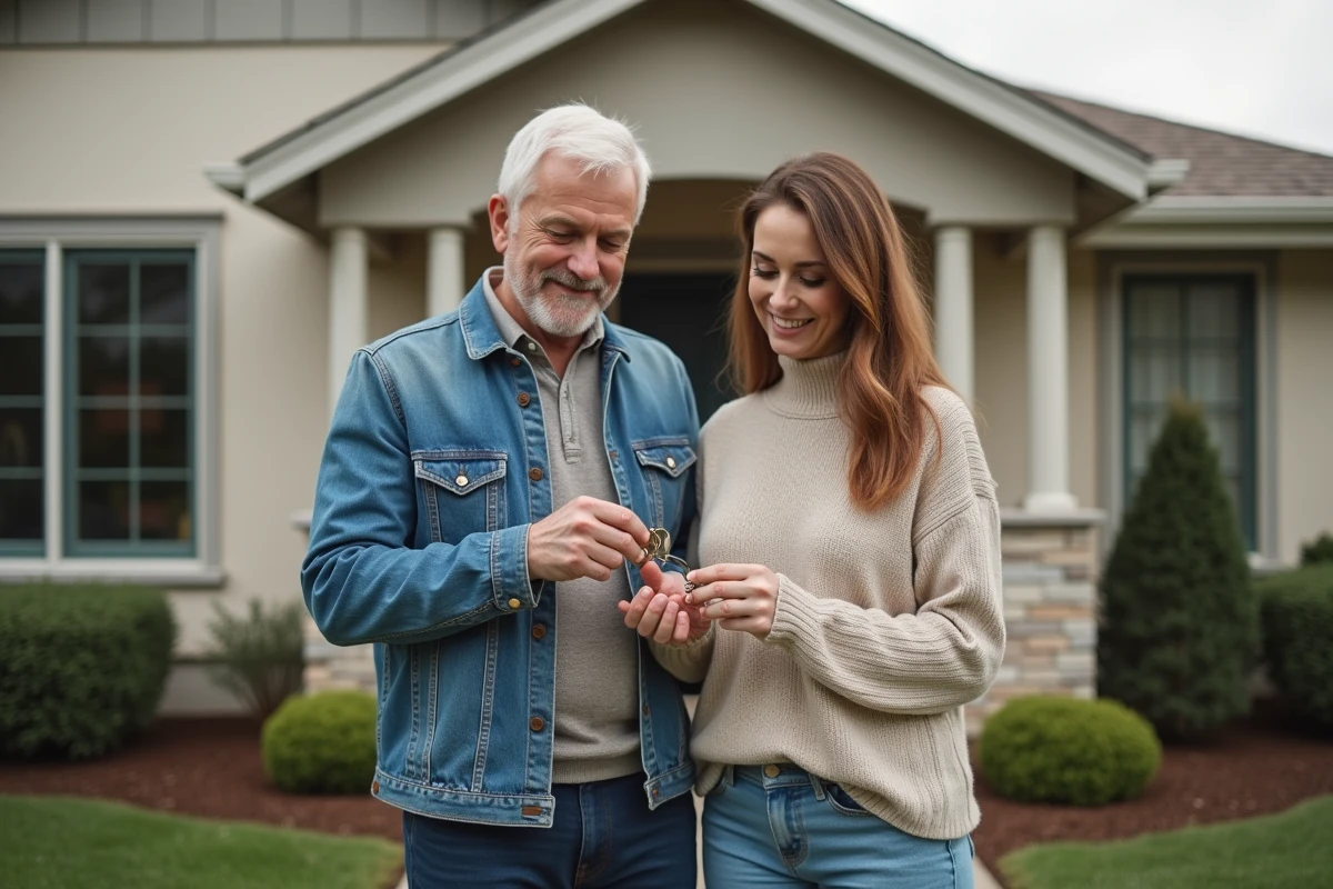 Couple devant une maison en tenant des clés dans un jardin soigné