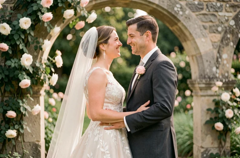 Couple de mariés se regardant tendrement lors d'une cérémonie de mariage en jardin français avec arches de roses