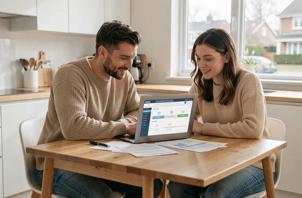 Un couple consulte une simulation de crédit auto sur ordinateur depuis leur cuisine