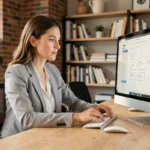 Une professionnelle analysant la conception d'un site internet professionnel sur un grand écran dans un bureau moderne