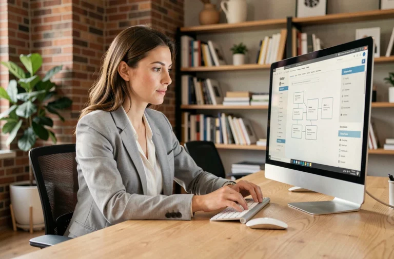 Une professionnelle analysant la conception d'un site internet professionnel sur un grand écran dans un bureau moderne
