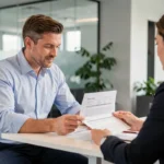 Un homme discute d'un crédit auto avec un conseiller financier dans une agence moderne