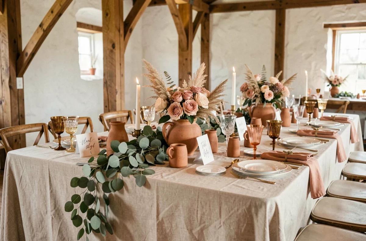 Décoration de table de mariage tendance avec eucalyptus, roses séchées et vaisselle dorée dans une grange rustique