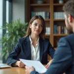 Femme cadre remettant sa lettre de démission à un responsable RH dans un bureau moderne