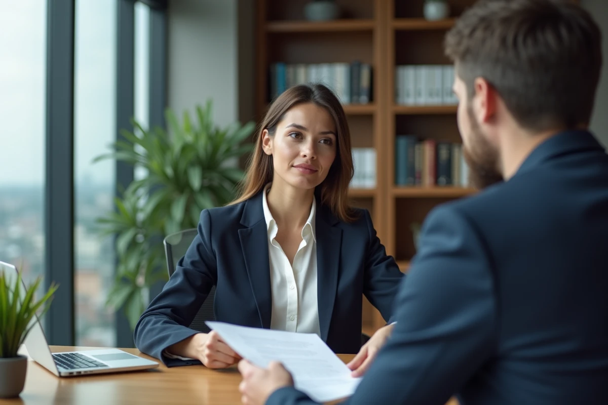 Femme cadre remettant sa lettre de démission à un responsable RH dans un bureau moderne