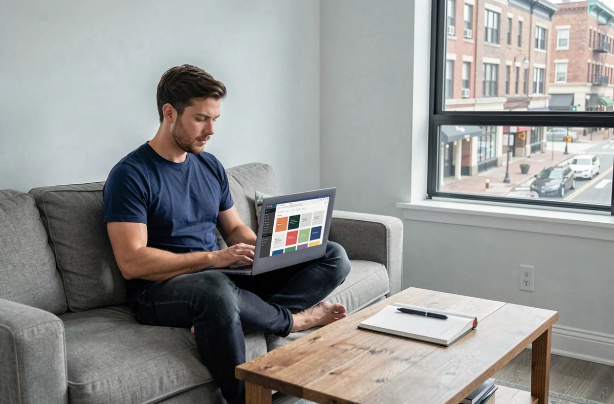 Un développeur web freelance créant un site internet attractif sur son ordinateur portable depuis son bureau à domicile
