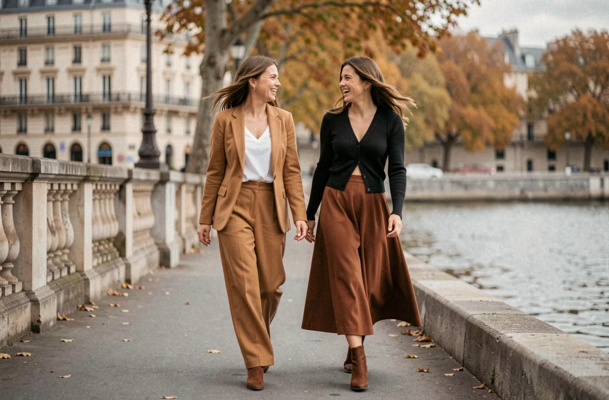 Deux amies élégantes en tenues parisiennes chic marchant le long des quais de Seine en automne, conseils de style mode