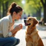 Femme en train d'éduquer son golden retriever dans un parc urbain, exercice de dressage avec friandise
