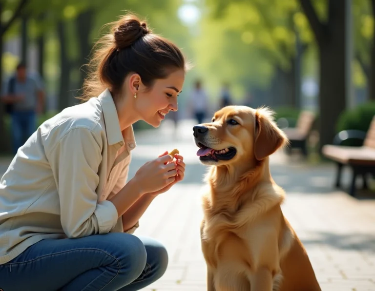Femme en train d'éduquer son golden retriever dans un parc urbain, exercice de dressage avec friandise