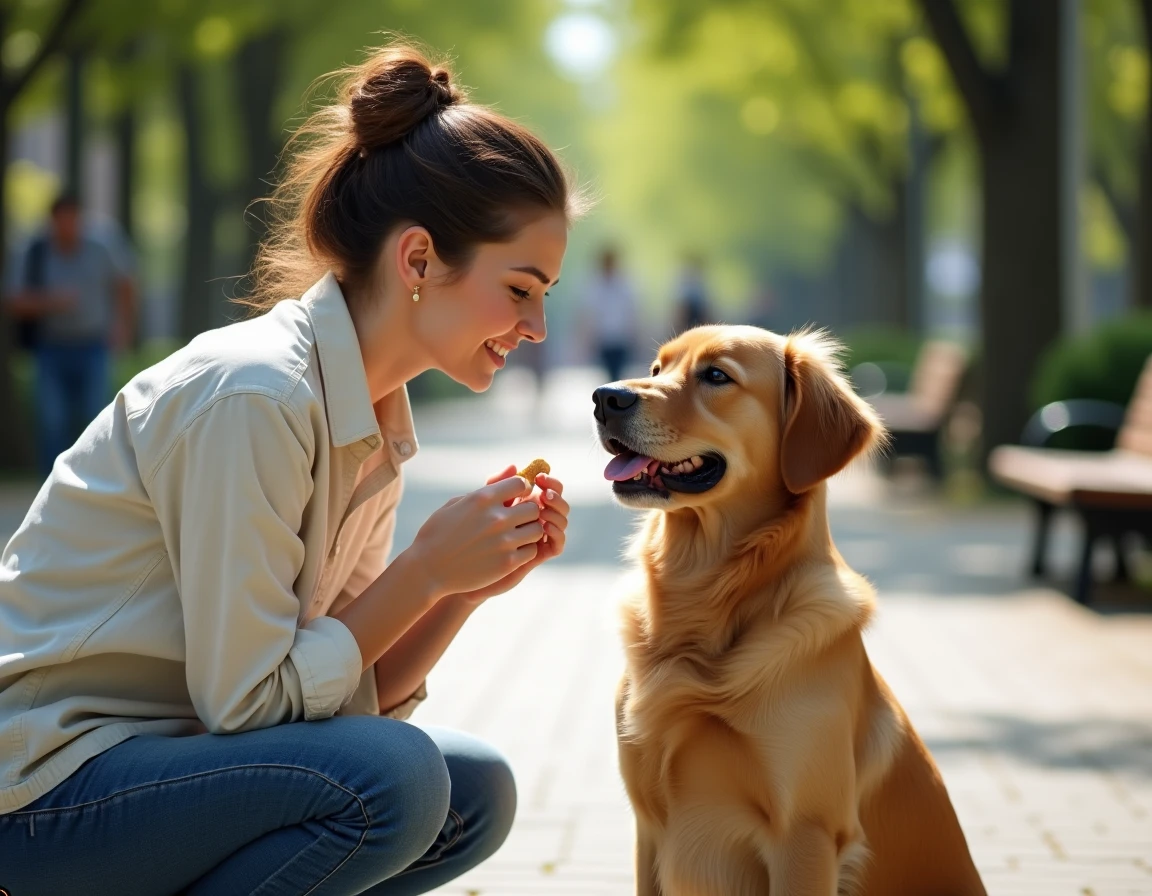 Femme en train d'éduquer son golden retriever dans un parc urbain, exercice de dressage avec friandise