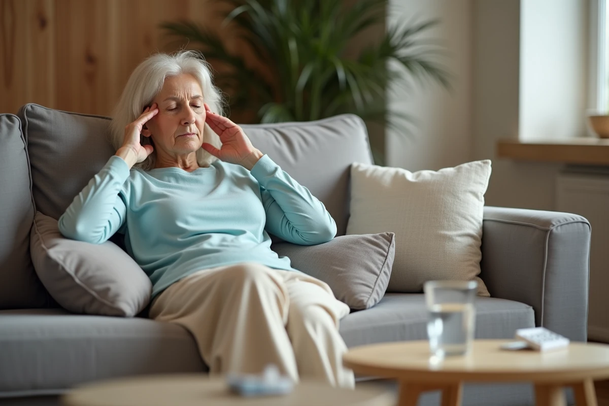 Femme ressentant des effets secondaires du Levothyrox en surdosage, fatiguée sur son canapé