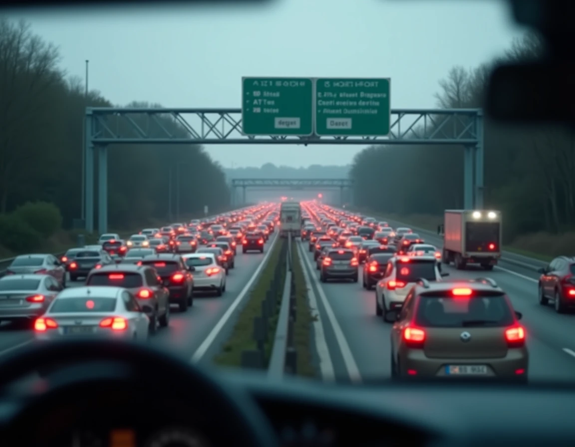 Embouteillage vue de l'intérieur d'une voiture sur l'autoroute A31 suite à un accident