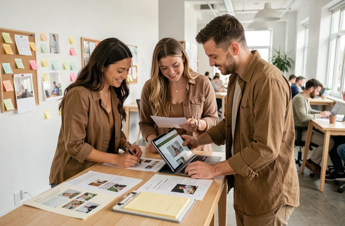 Une petite équipe collaborant sur la conception d'un site internet professionnel et attractif pour une entreprise dans un espace de coworking