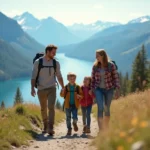 Famille en randonnée dans la montagne avec paysages verdoyants