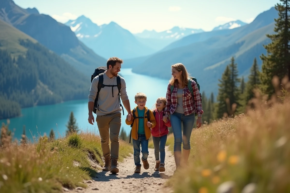Famille en randonnée dans la montagne avec paysages verdoyants