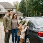 Famille souriante devant une voiture sportive d'occasion dans une allée résidentielle en automne