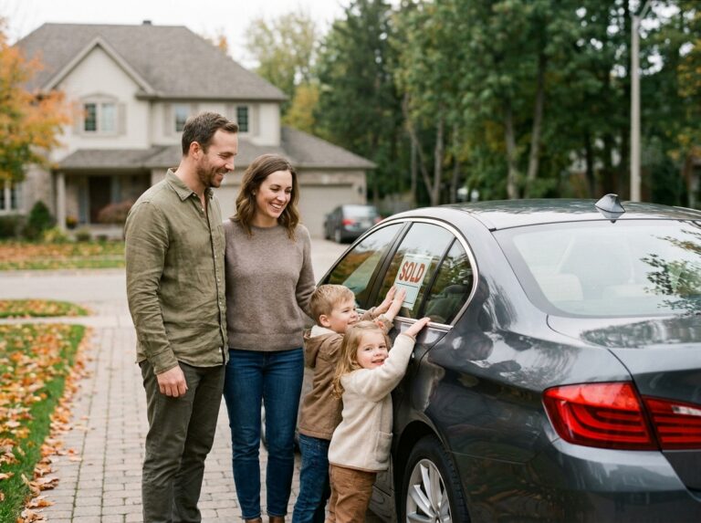 Famille souriante devant une voiture sportive d'occasion dans une allée résidentielle en automne
