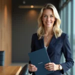 Femme d'affaires élégante en costume navy souriant