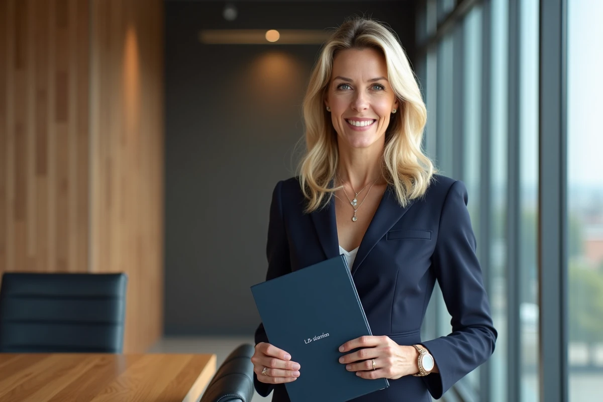 Femme d'affaires élégante en costume navy souriant