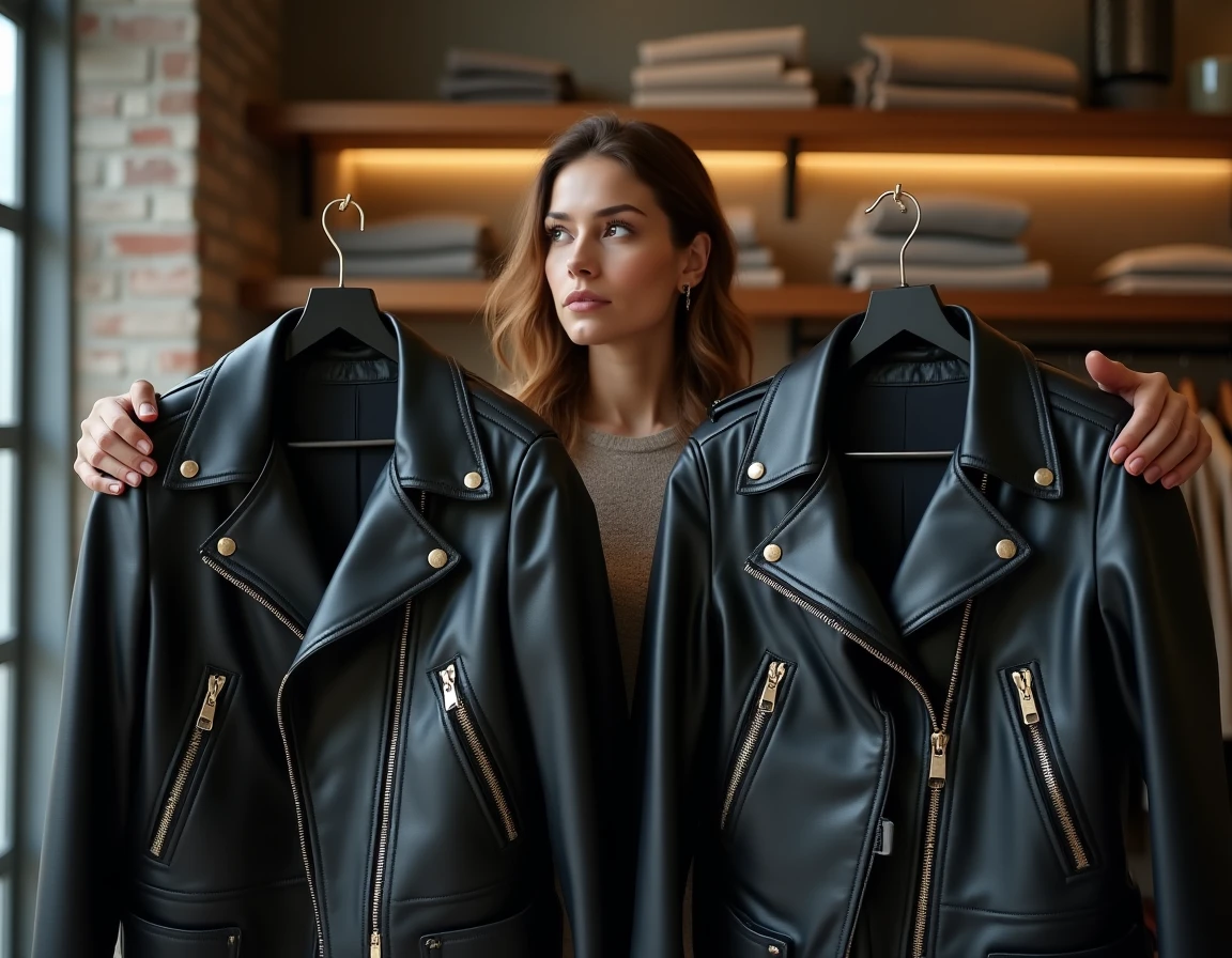 Femme comparant deux tailles de veste en cuir The Kooples dans une boutique parisienne