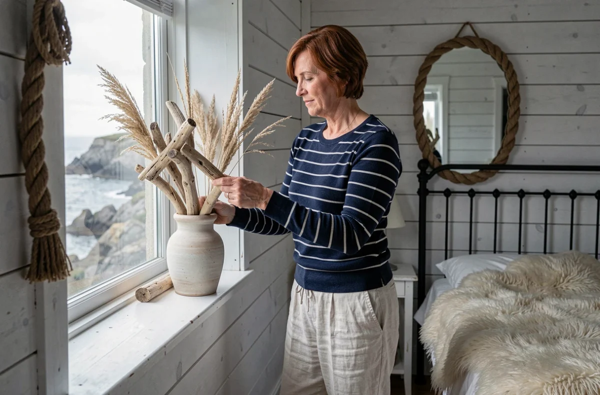 Femme en marinière bretonne arrangeant des herbes marines séchées et du bois flotté dans une chambre de chalet côtier breton