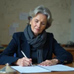 Femme d'âge moyen remplissant un dossier logement à Levallois