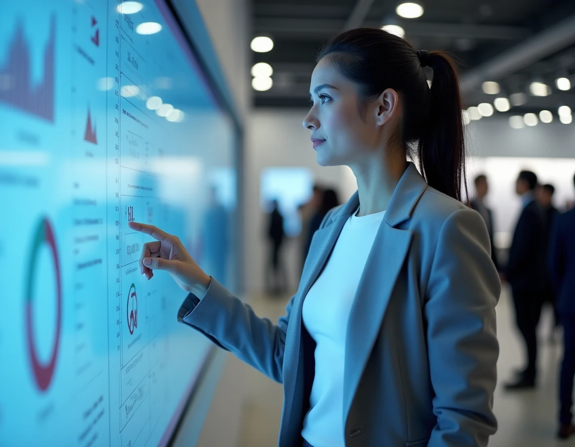 Une femme professionnelle interagit avec un grand écran tactile présentant des interfaces d'intelligence artificielle lors d'un salon technologique en 2024