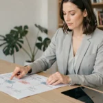 Femme professionnelle étudiant un plan du site imprimé sur un bureau en bois dans un bureau moderne et épuré