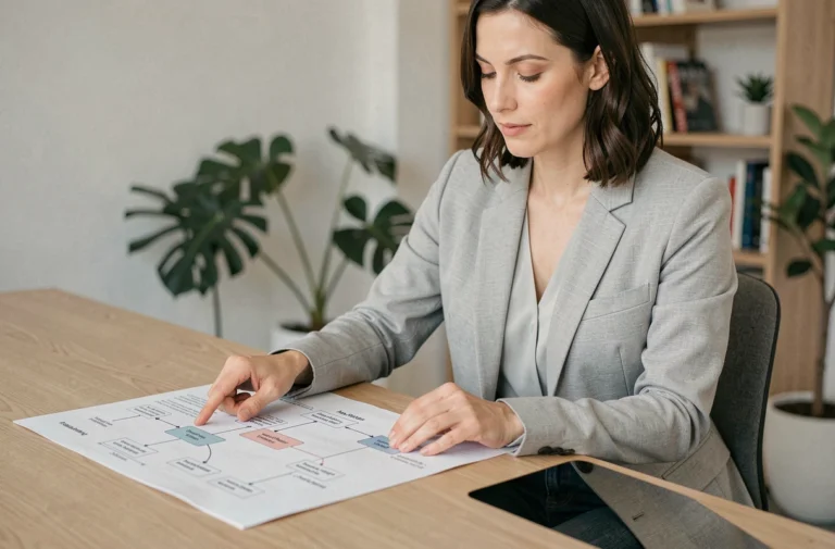 Femme professionnelle étudiant un plan du site imprimé sur un bureau en bois dans un bureau moderne et épuré